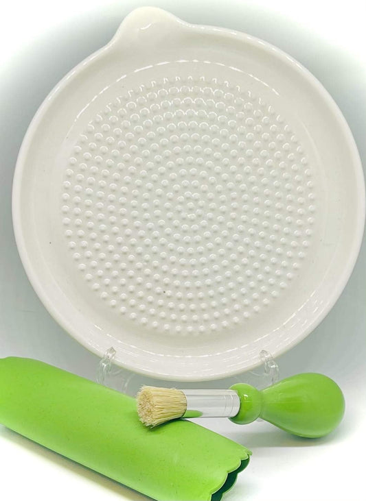 Premium Ceramic Garlic Grater Plate Set - Large White Modern | Includes 6" Plate, Peeler, and Brush - For Strawberries, Ginger, Chocolate, Cheese, and more - Make your own puree!