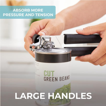 Slip Resistant Stainless Steel Manual Can Opener, Sharp Blade for Smooth Edge Cuts, Easily Open Cans, Ergonomic Handles with Easy to Turn Knob, Built-In Bottle Openers, Pitch Black
