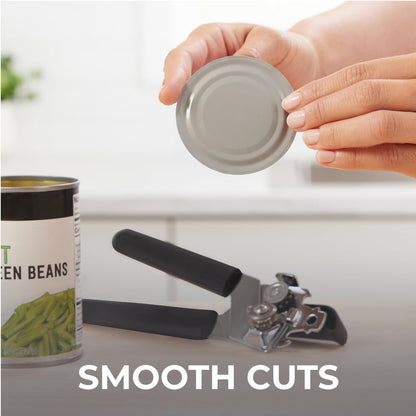 Slip Resistant Stainless Steel Manual Can Opener, Sharp Blade for Smooth Edge Cuts, Easily Open Cans, Ergonomic Handles with Easy to Turn Knob, Built-In Bottle Openers, Pitch Black
