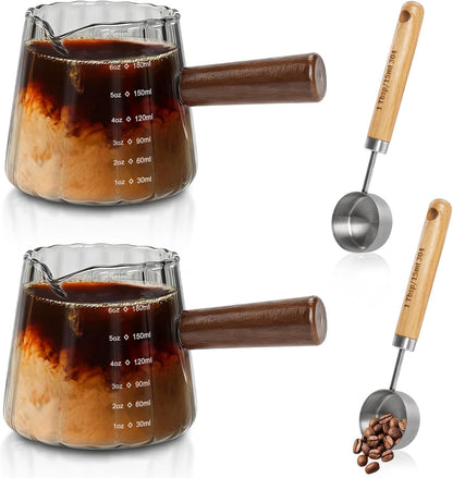 2Pcs Espresso Shot Glass, 6oz Espresso Cups with 2Pcs Coffee Measuring Spoon, Expresso Shot Cup with V-Shape Mouth, Milk Frothing Pitcher, Glass Measuring Cup Expresso Accessories (Clear)