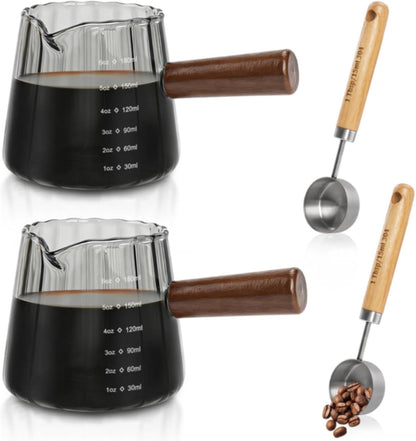 2Pcs Espresso Shot Glass, 6oz Espresso Cups with 2Pcs Coffee Measuring Spoon, Expresso Shot Cup with V-Shape Mouth, Milk Frothing Pitcher, Glass Measuring Cup Expresso Accessories (Clear)