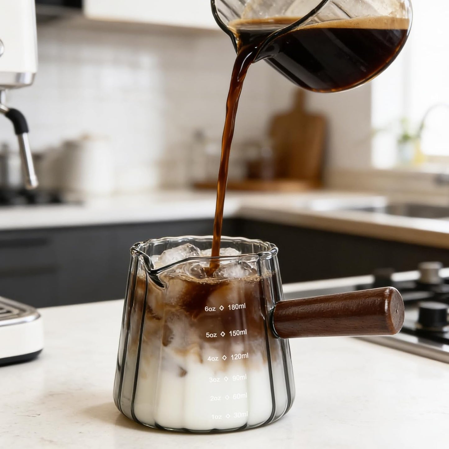 2Pcs Espresso Shot Glass, 6oz Espresso Cups with 2Pcs Coffee Measuring Spoon, Expresso Shot Cup with V-Shape Mouth, Milk Frothing Pitcher, Glass Measuring Cup Expresso Accessories (Clear)