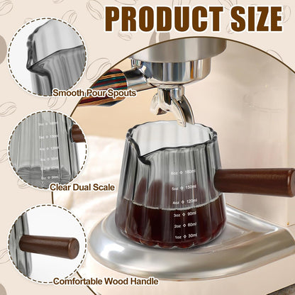 2Pcs Espresso Shot Glass, 6oz Espresso Cups with 2Pcs Coffee Measuring Spoon, Expresso Shot Cup with V-Shape Mouth, Milk Frothing Pitcher, Glass Measuring Cup Expresso Accessories (Clear)