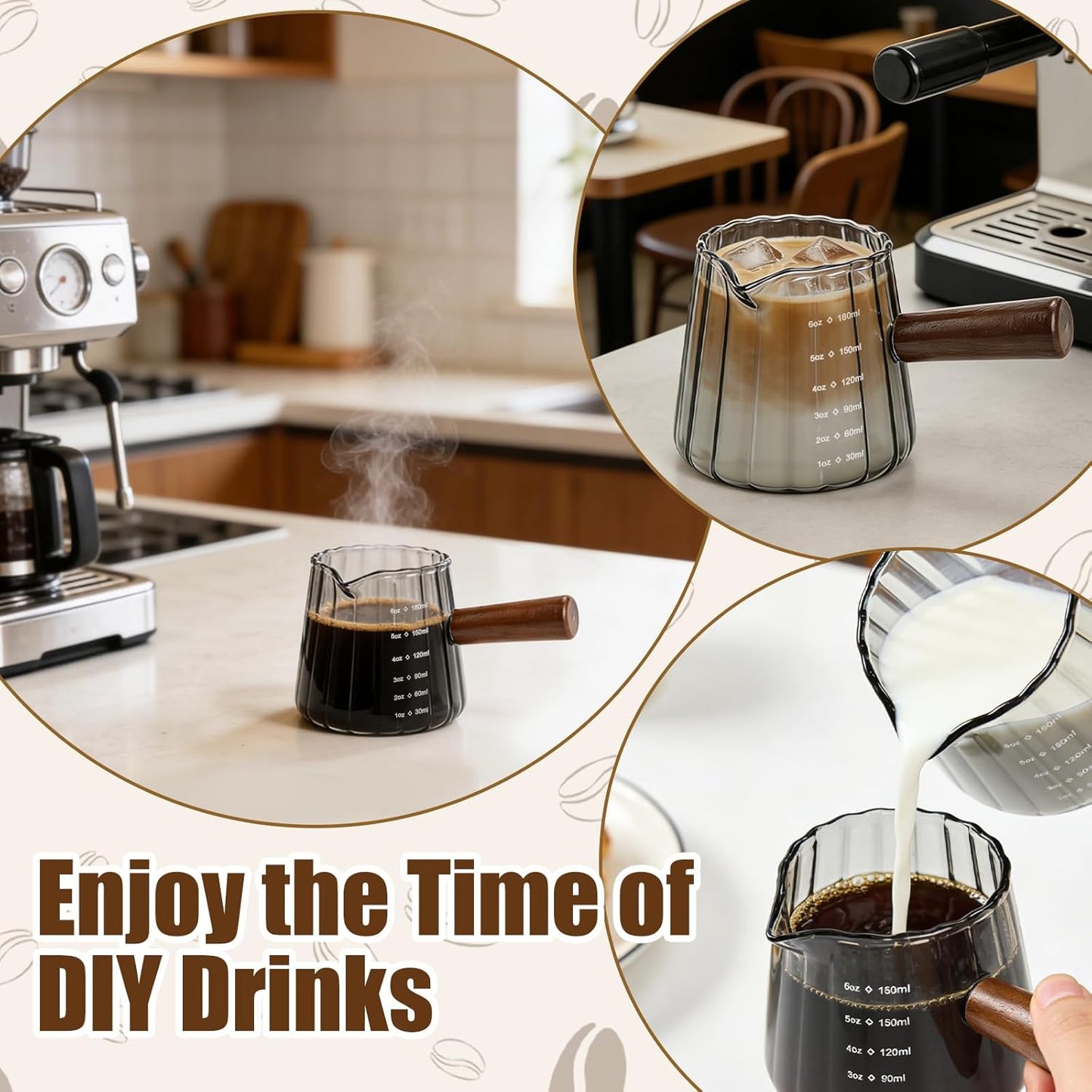 2Pcs Espresso Shot Glass, 6oz Espresso Cups with 2Pcs Coffee Measuring Spoon, Expresso Shot Cup with V-Shape Mouth, Milk Frothing Pitcher, Glass Measuring Cup Expresso Accessories (Clear)