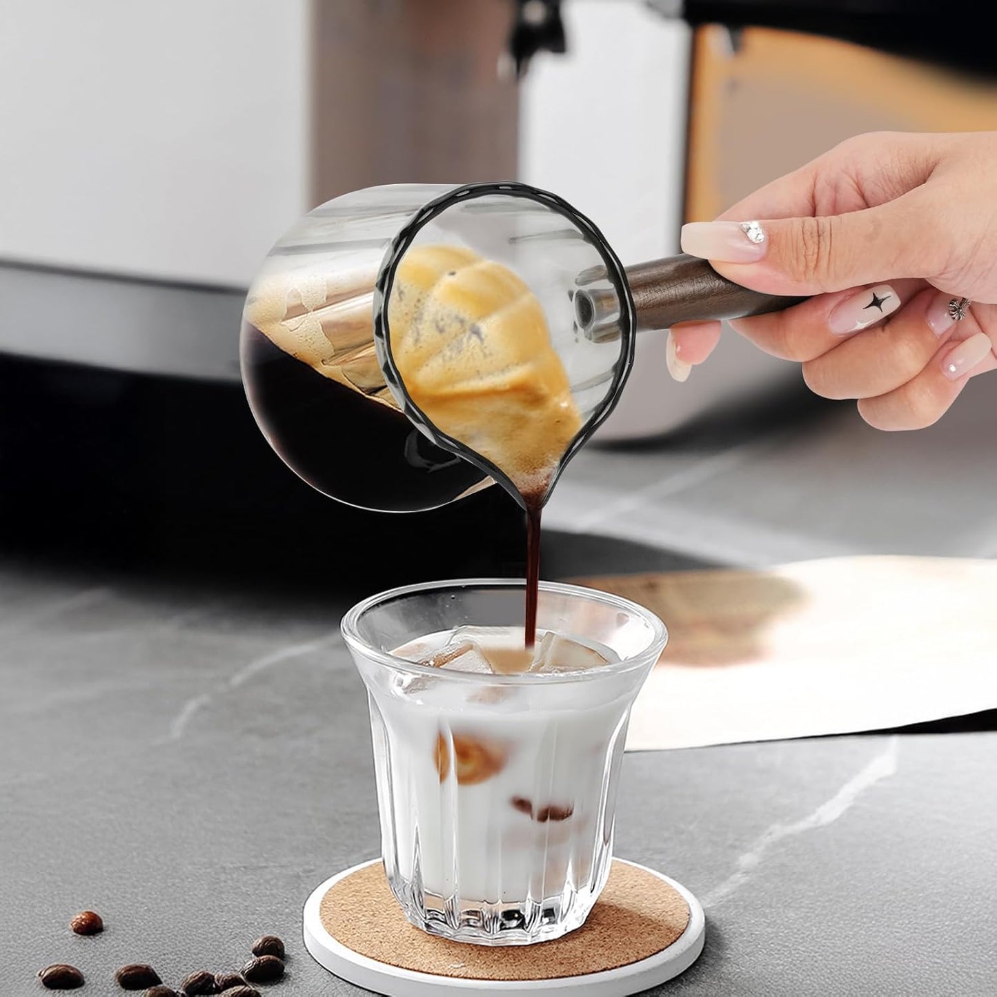 2Pcs Espresso Shot Glass, 6oz Espresso Cups with 2Pcs Coffee Measuring Spoon, Expresso Shot Cup with V-Shape Mouth, Milk Frothing Pitcher, Glass Measuring Cup Expresso Accessories (Clear)