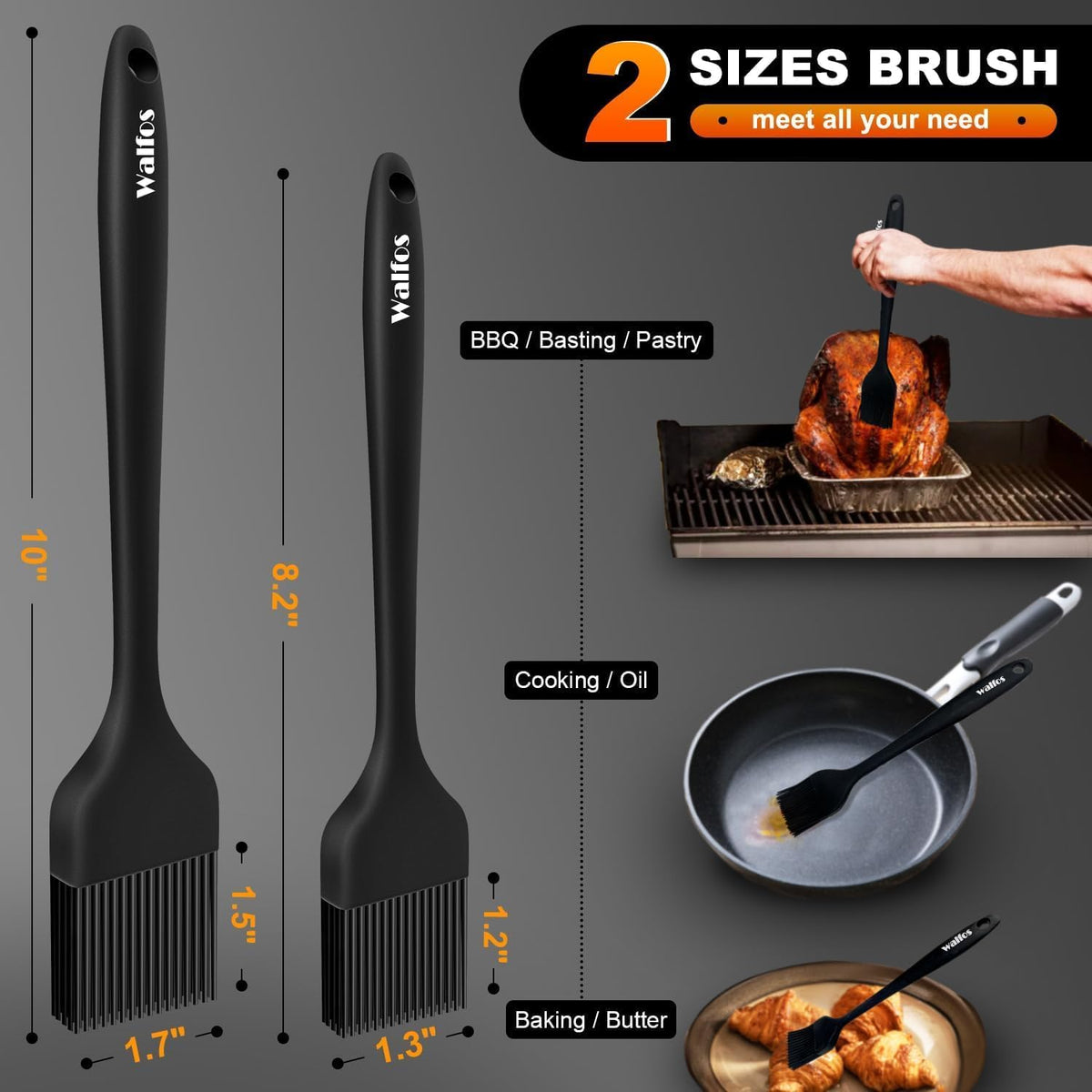600°F Heat Resistant Silicone Basting Brushes BPA Free Pastry Brush, Spread Oil Butter Sauce for BBQ Grill Baking Kitchen Cooking, Dishwasher Safe (2 SIZE)