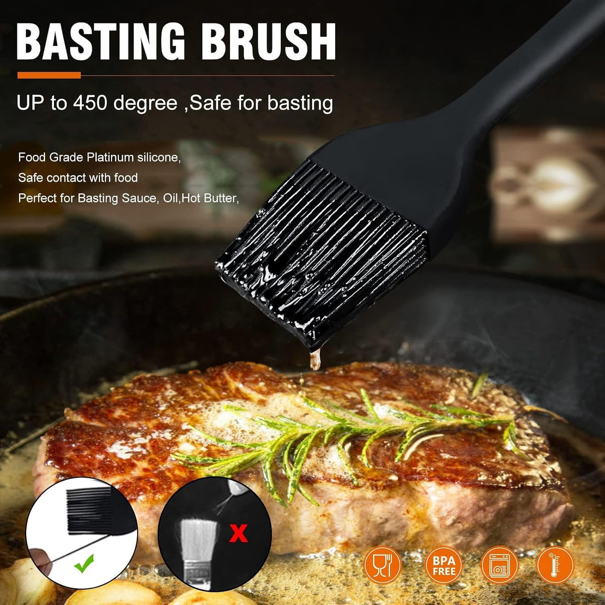 600°F Heat Resistant Silicone Basting Brushes BPA Free Pastry Brush, Spread Oil Butter Sauce for BBQ Grill Baking Kitchen Cooking, Dishwasher Safe (2 SIZE)