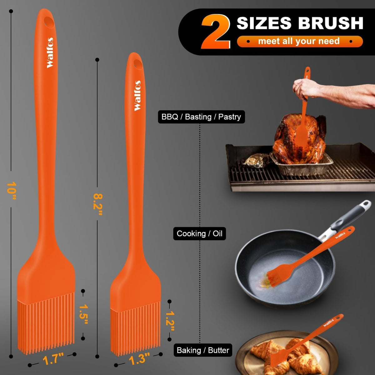 600°F Heat Resistant Silicone Basting Brushes BPA Free Pastry Brush, Spread Oil Butter Sauce for BBQ Grill Baking Kitchen Cooking, Dishwasher Safe (2 SIZE)