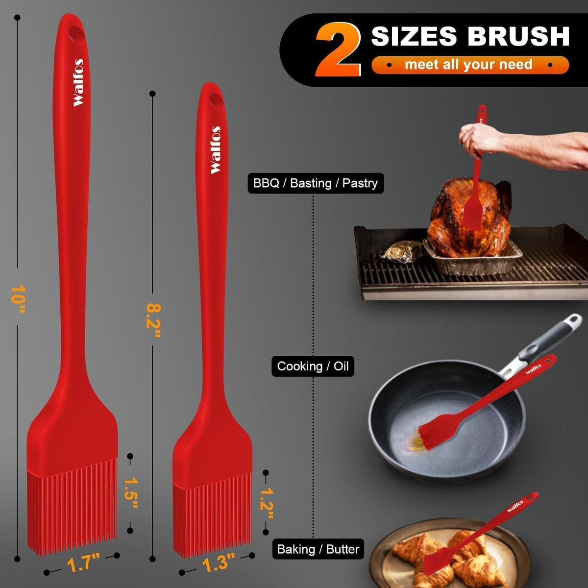 600°F Heat Resistant Silicone Basting Brushes BPA Free Pastry Brush, Spread Oil Butter Sauce for BBQ Grill Baking Kitchen Cooking, Dishwasher Safe (2 SIZE)