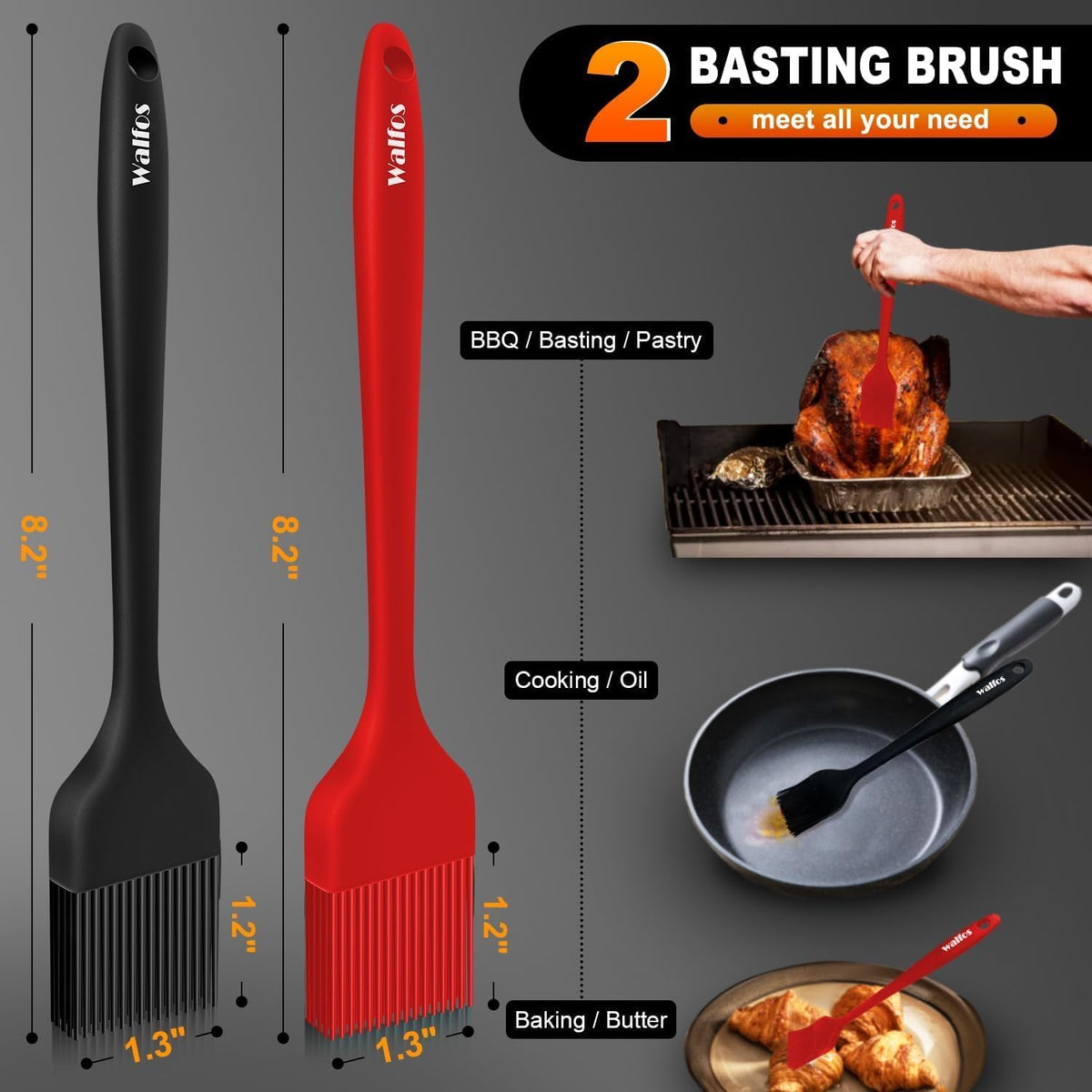 600°F Heat Resistant Silicone Basting Brushes BPA Free Pastry Brush, Spread Oil Butter Sauce for BBQ Grill Baking Kitchen Cooking, Dishwasher Safe (2 SIZE)