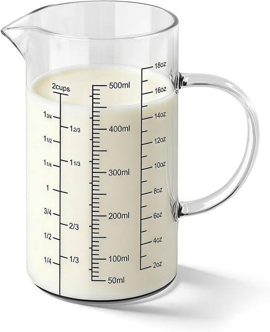 2 Cup 500ML Glass Measuring Cup 18 OZ Borosilicate Glass Measuring Cup | 2-Cups Tall Glass Measure Cup Kitchen or Restaurant Liquid Microwave Safe Measuring Cups with Insulated Handle