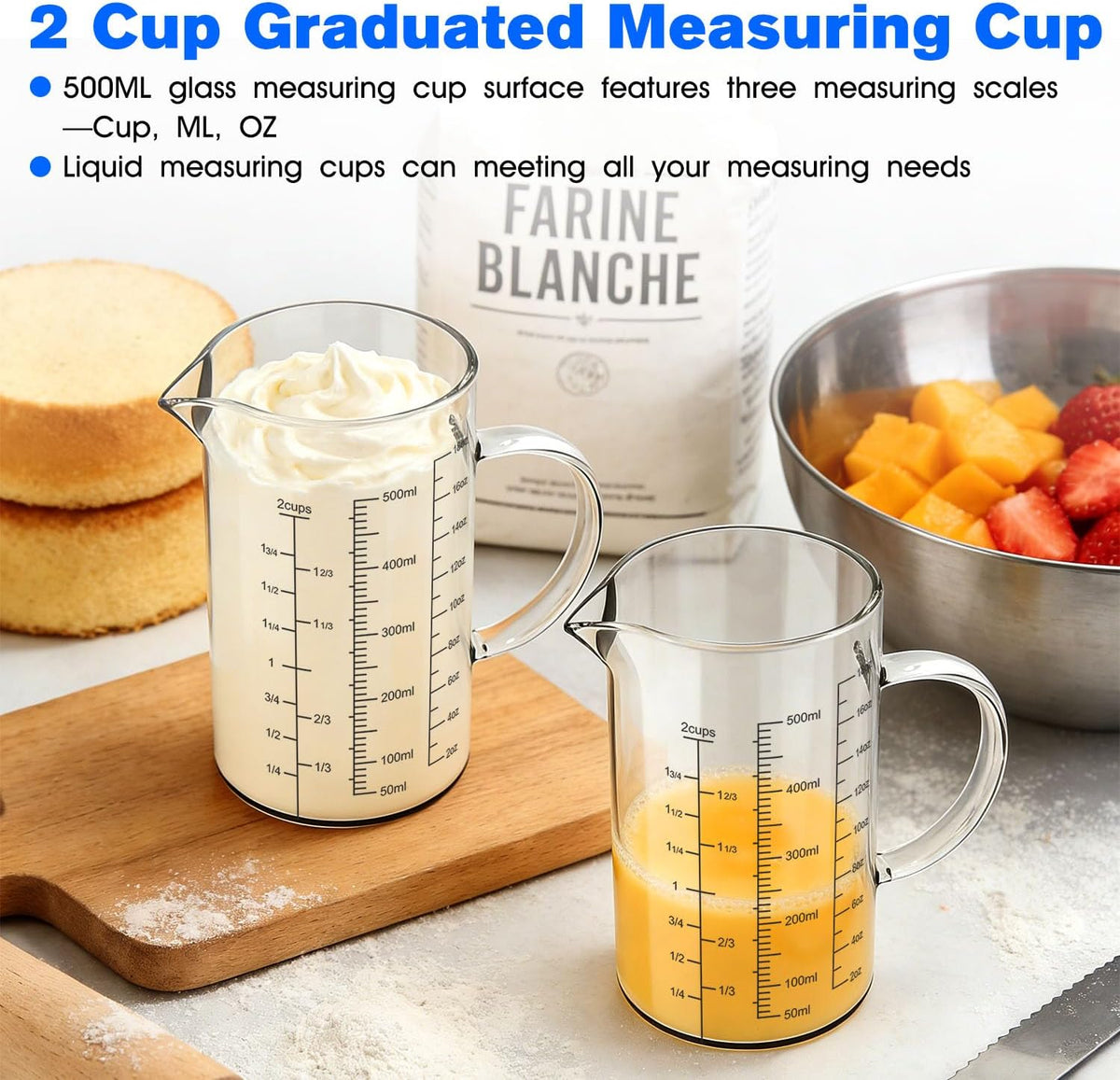 2 Cup 500ML Glass Measuring Cup 18 OZ Borosilicate Glass Measuring Cup | 2-Cups Tall Glass Measure Cup Kitchen or Restaurant Liquid Microwave Safe Measuring Cups with Insulated Handle