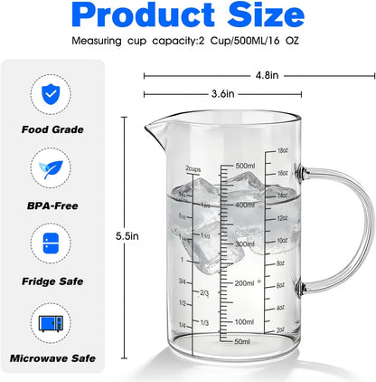 2 Cup 500ML Glass Measuring Cup 18 OZ Borosilicate Glass Measuring Cup | 2-Cups Tall Glass Measure Cup Kitchen or Restaurant Liquid Microwave Safe Measuring Cups with Insulated Handle