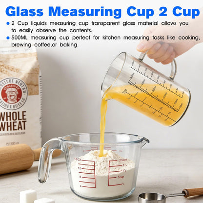 2 Cup 500ML Glass Measuring Cup 18 OZ Borosilicate Glass Measuring Cup | 2-Cups Tall Glass Measure Cup Kitchen or Restaurant Liquid Microwave Safe Measuring Cups with Insulated Handle