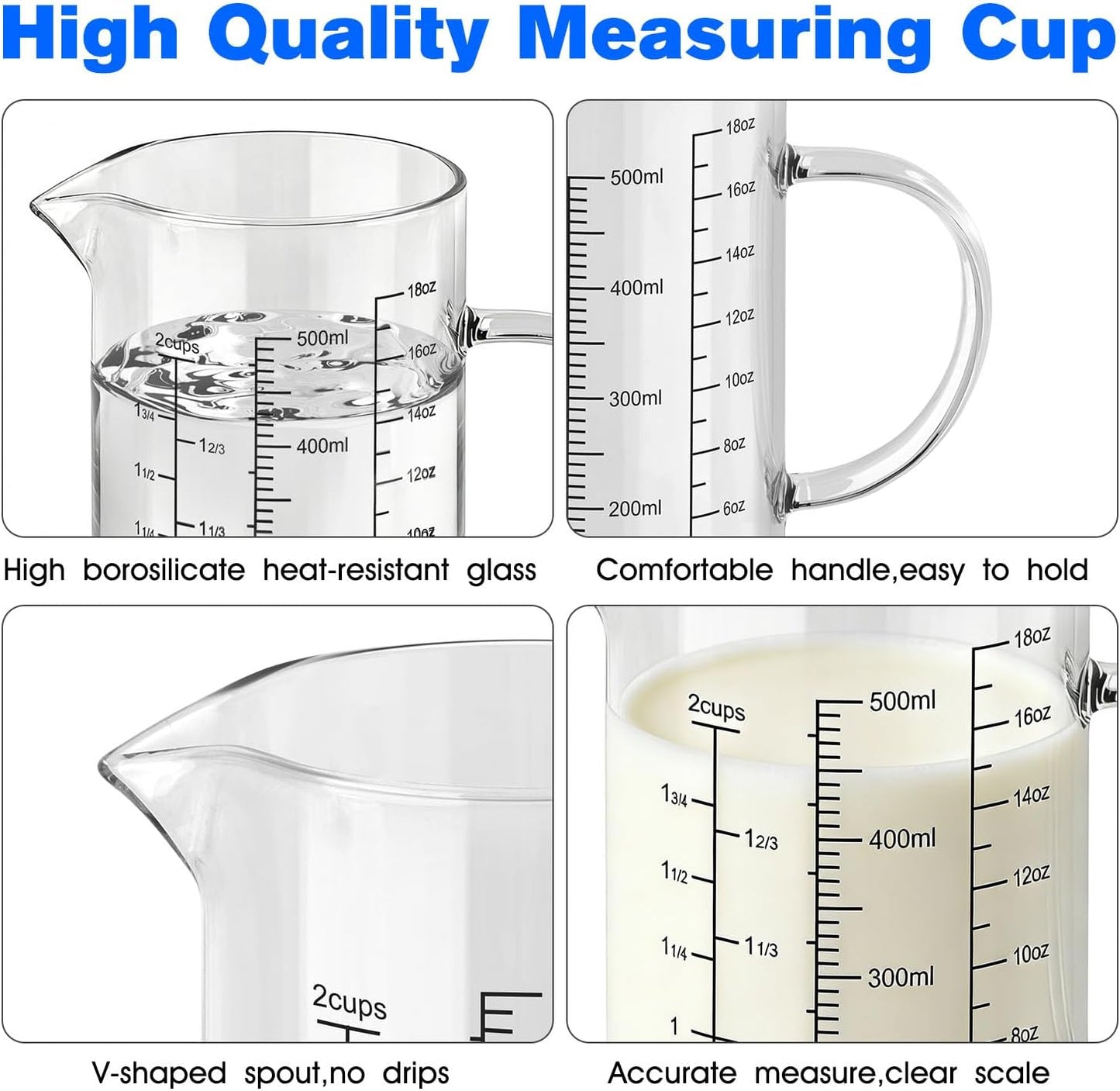 2 Cup 500ML Glass Measuring Cup 18 OZ Borosilicate Glass Measuring Cup | 2-Cups Tall Glass Measure Cup Kitchen or Restaurant Liquid Microwave Safe Measuring Cups with Insulated Handle