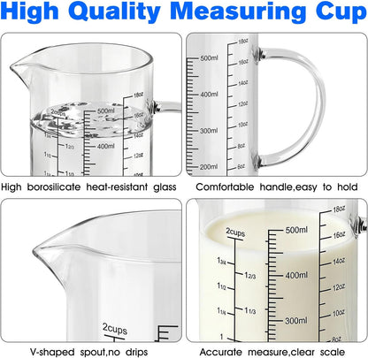 2 Cup 500ML Glass Measuring Cup 18 OZ Borosilicate Glass Measuring Cup | 2-Cups Tall Glass Measure Cup Kitchen or Restaurant Liquid Microwave Safe Measuring Cups with Insulated Handle