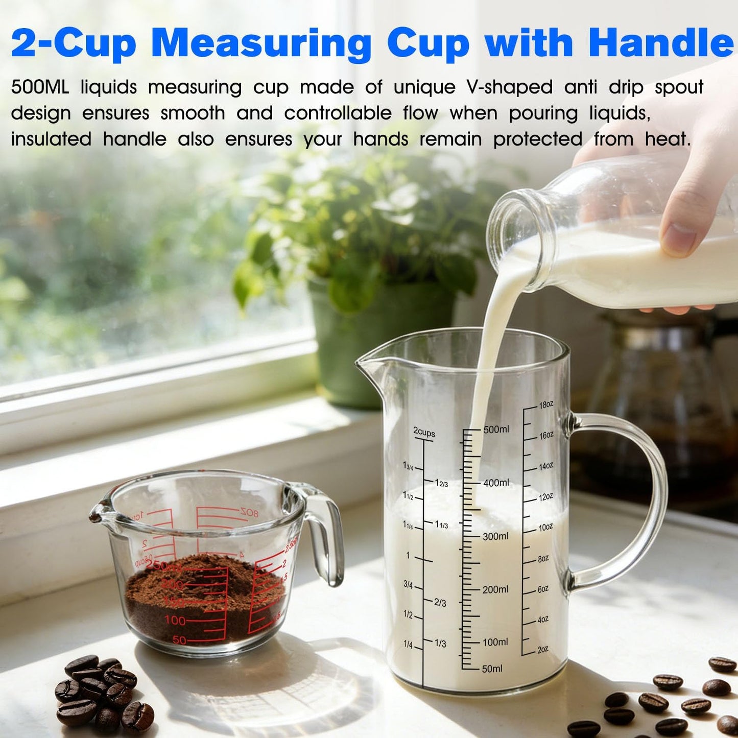 2 Cup 500ML Glass Measuring Cup 18 OZ Borosilicate Glass Measuring Cup | 2-Cups Tall Glass Measure Cup Kitchen or Restaurant Liquid Microwave Safe Measuring Cups with Insulated Handle