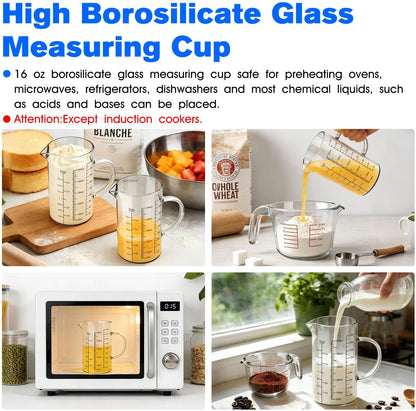 2 Cup 500ML Glass Measuring Cup 18 OZ Borosilicate Glass Measuring Cup | 2-Cups Tall Glass Measure Cup Kitchen or Restaurant Liquid Microwave Safe Measuring Cups with Insulated Handle