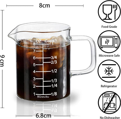 Glass Measuring Cup with Handle, 8OZ/250ML/1 CUP High Borosilicate Heat Resistant Glass Measuring Cup with Clear Markings (oz, Cup, ml) & Pour Spout, Microwave Safe