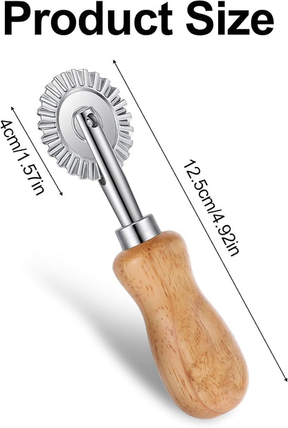 2Pcs Fluted Pastry Wheel, 4.9 Inch Stainless Steel Pastry Wheel with Ergonomic Oak Handle for Pasta, Dumplings & Noodles, 360 Degree Rotary Cutting Tool for Kitchen