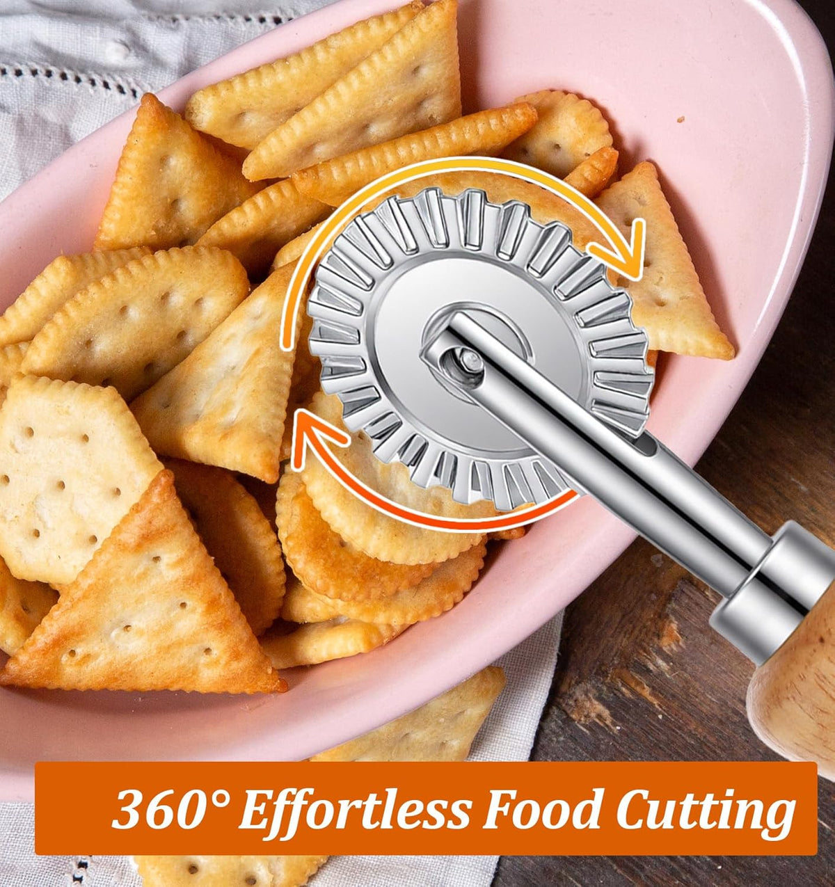 2Pcs Fluted Pastry Wheel, 4.9 Inch Stainless Steel Pastry Wheel with Ergonomic Oak Handle for Pasta, Dumplings & Noodles, 360 Degree Rotary Cutting Tool for Kitchen