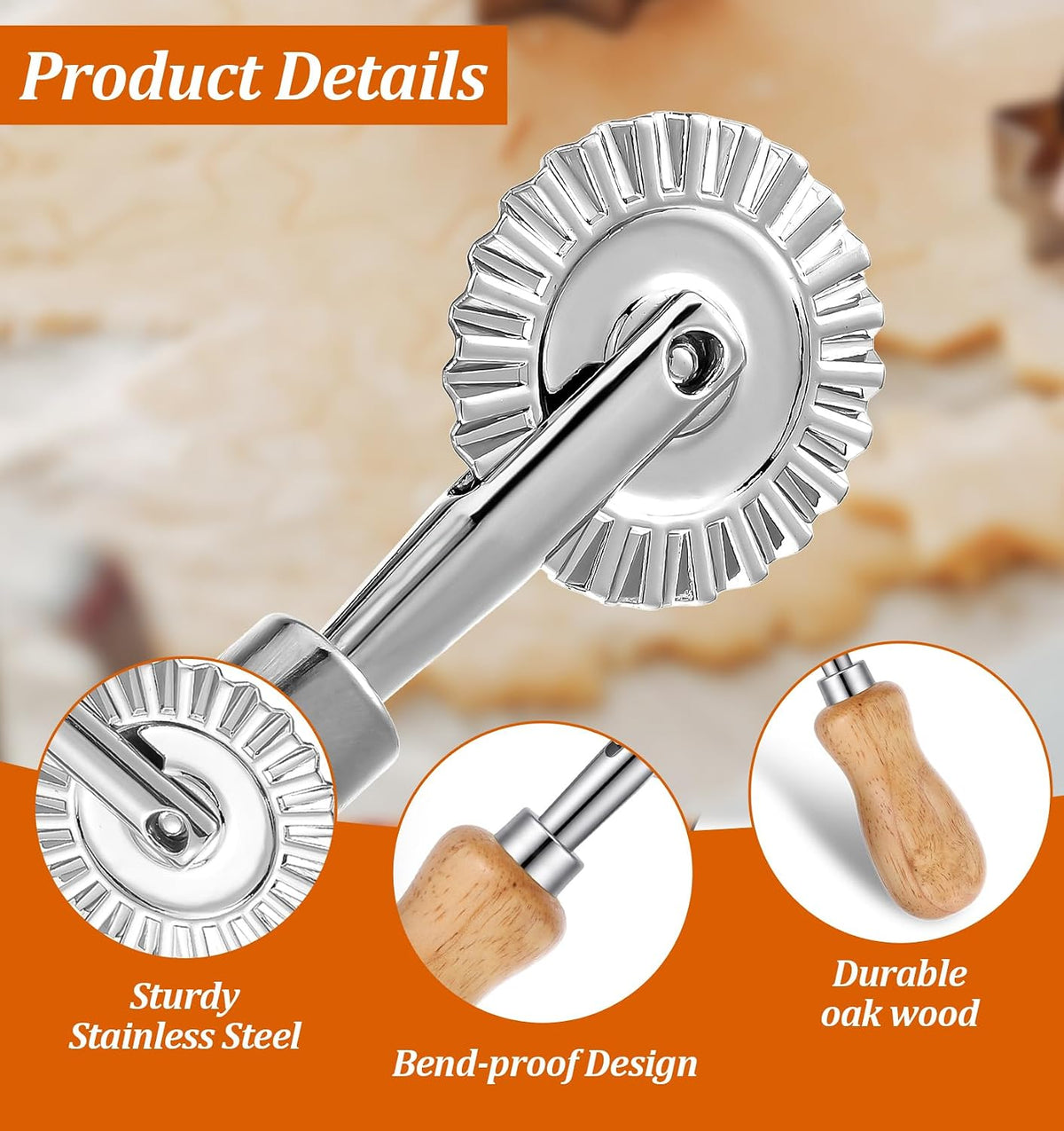 2Pcs Fluted Pastry Wheel, 4.9 Inch Stainless Steel Pastry Wheel with Ergonomic Oak Handle for Pasta, Dumplings & Noodles, 360 Degree Rotary Cutting Tool for Kitchen