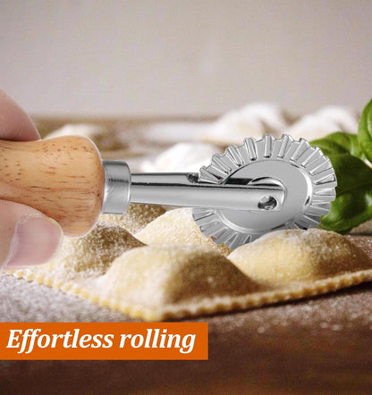 2Pcs Fluted Pastry Wheel, 4.9 Inch Stainless Steel Pastry Wheel with Ergonomic Oak Handle for Pasta, Dumplings & Noodles, 360 Degree Rotary Cutting Tool for Kitchen