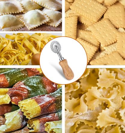 2Pcs Fluted Pastry Wheel, 4.9 Inch Stainless Steel Pastry Wheel with Ergonomic Oak Handle for Pasta, Dumplings & Noodles, 360 Degree Rotary Cutting Tool for Kitchen