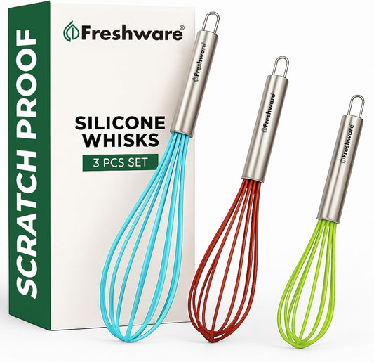 Silicone Whisk, Silicone Cooking Utensil Set, Silicone Whisks for Cooking, Non-Scratch Hand Whisks for Kitchen Essentials, Set of 3