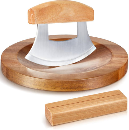 2 Pcs Mezzaluna Ulu Knife and Cutting Board Chopping Bowl Set, Walnut Wood