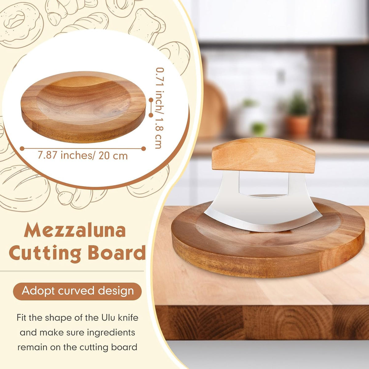 2 Pcs Mezzaluna Ulu Knife and Cutting Board Chopping Bowl Set, Walnut Wood
