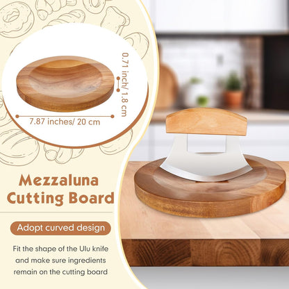 2 Pcs Mezzaluna Ulu Knife and Cutting Board Chopping Bowl Set, Walnut Wood