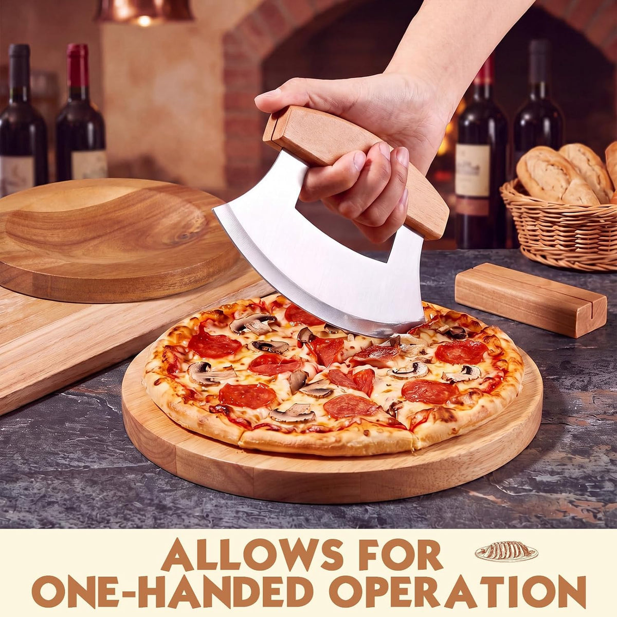 2 Pcs Mezzaluna Ulu Knife and Cutting Board Chopping Bowl Set, Walnut Wood