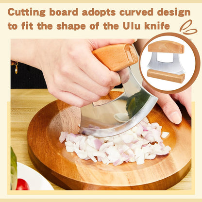 2 Pcs Mezzaluna Ulu Knife and Cutting Board Chopping Bowl Set, Walnut Wood