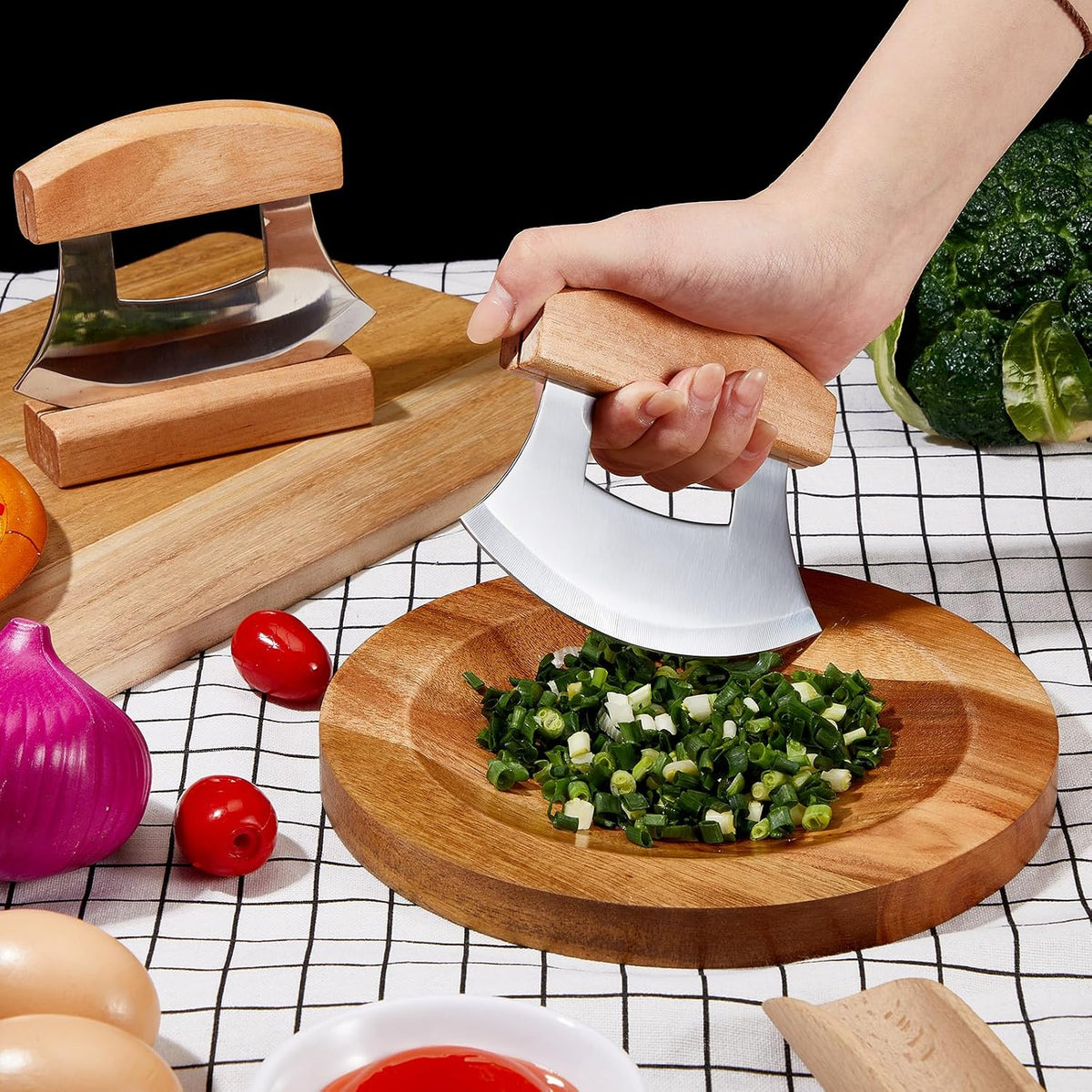2 Pcs Mezzaluna Ulu Knife and Cutting Board Chopping Bowl Set, Walnut Wood