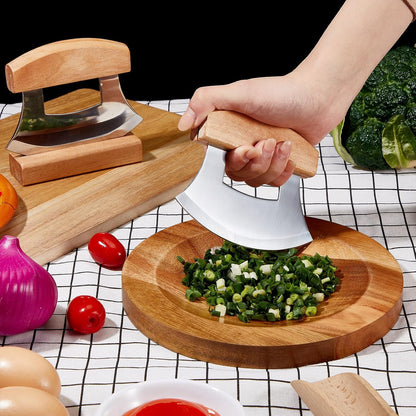 2 Pcs Mezzaluna Ulu Knife and Cutting Board Chopping Bowl Set, Walnut Wood