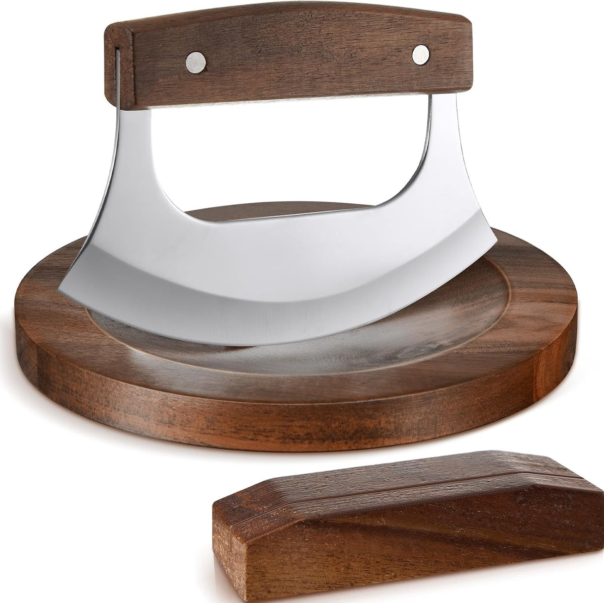 2 Pcs Mezzaluna Ulu Knife and Cutting Board Chopping Bowl Set, Walnut Wood