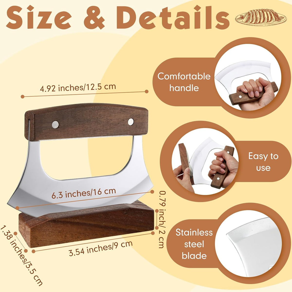 2 Pcs Mezzaluna Ulu Knife and Cutting Board Chopping Bowl Set, Walnut Wood