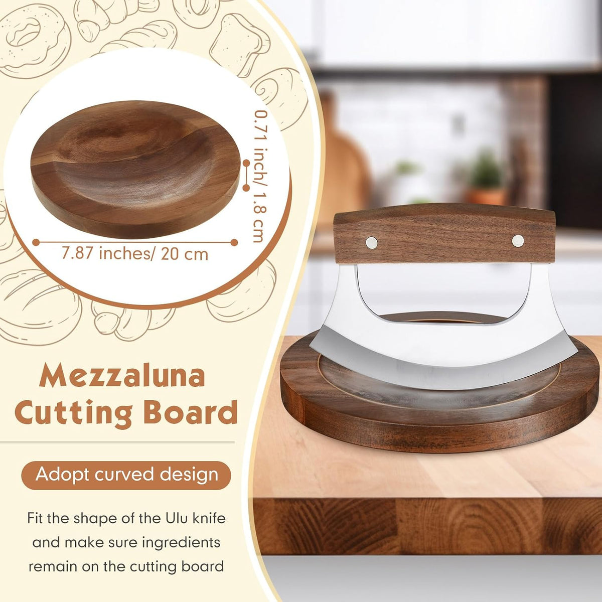 2 Pcs Mezzaluna Ulu Knife and Cutting Board Chopping Bowl Set, Walnut Wood