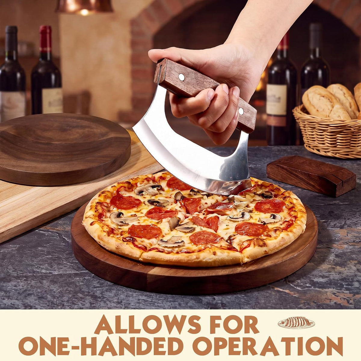 2 Pcs Mezzaluna Ulu Knife and Cutting Board Chopping Bowl Set, Walnut Wood