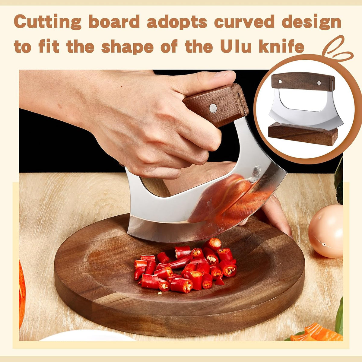 2 Pcs Mezzaluna Ulu Knife and Cutting Board Chopping Bowl Set, Walnut Wood