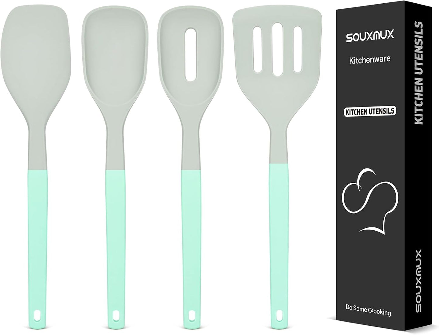 4-Pack Silicone Spatula Set, 600°F Heat Resistant, Ergonomic Grip | Includes spatula, turner, spoon. Food-grade, non-scratch. Two-color upgrade handle, strong grip. Gentle on nonstick pans.