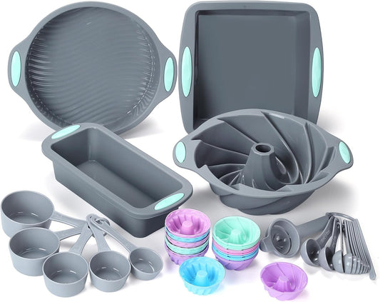 45 Pieces Silicone Bakeware Set, Heat Resistant Baking Pans, Nonstick Baking Molds for Cake, Bread and Cupcake, with Measuring Cups and Spoons Set, Light Grey