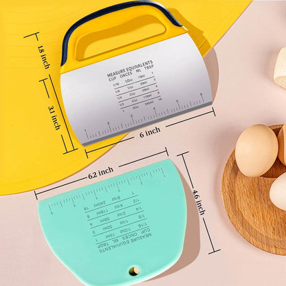 Dough Scraper Chopper 2 Pcs, Stainless Steel Dough Cutter With Grip, Plastic Bench Scraper with Measuring Scale, Multipurpose Pizza Cutter, Pastry, Food Scraper for Baking, Dough, Bread, Cake