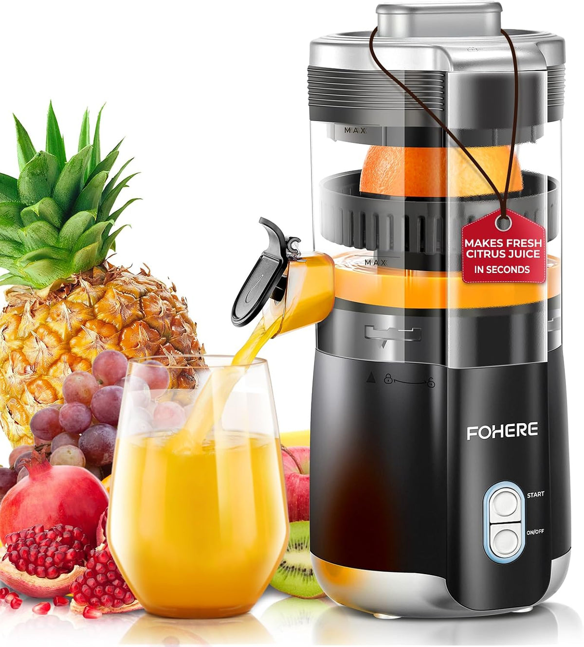 FOHERE Electric Citrus Juicer with 2 Cones, Automatic Orange Juicer Machine