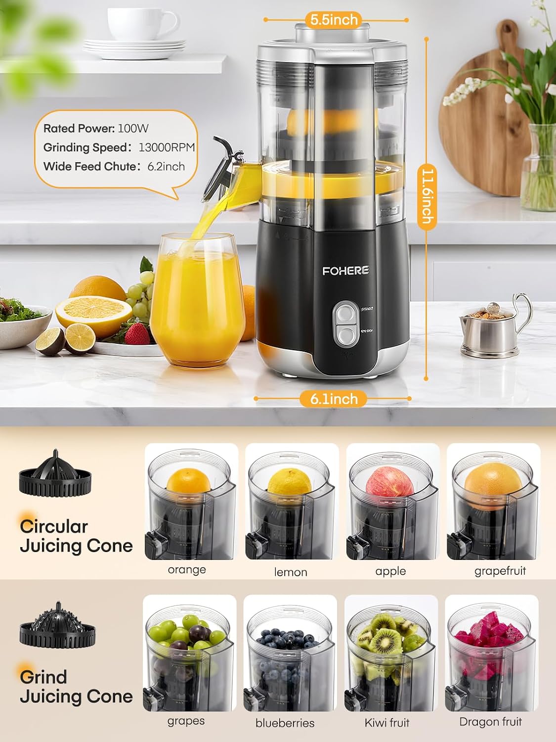 FOHERE Electric Citrus Juicer with 2 Cones, Automatic Orange Juicer Machine