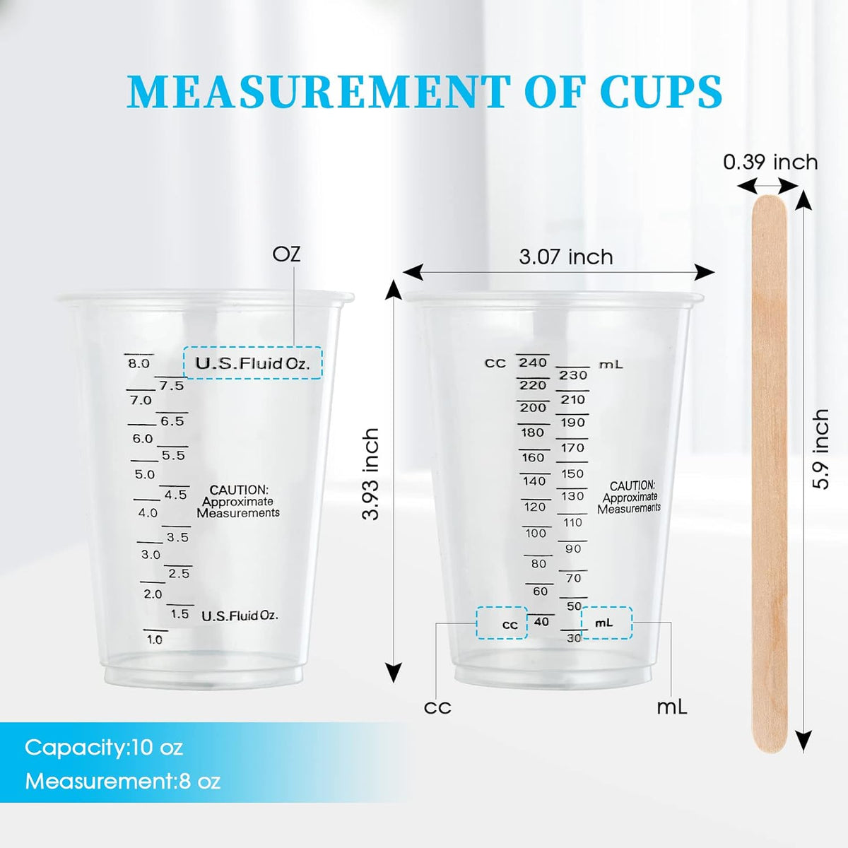 100 PACK Plastic Measuring Cups, 10 oz Disposable Mixing Cups with 100 Wooden Mixing Sticks, Can Be Used for Epoxy Resin, Liquid Measuring, Paint, Cooking and Baking