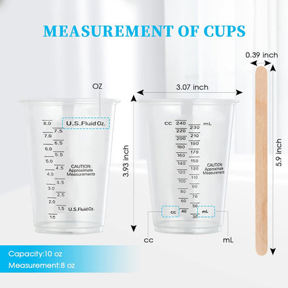 100 PACK Plastic Measuring Cups, 10 oz Disposable Mixing Cups with 100 Wooden Mixing Sticks, Can Be Used for Epoxy Resin, Liquid Measuring, Paint, Cooking and Baking
