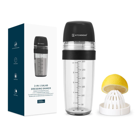 2 in 1 Salad Dressing Shaker Container with Juicer, Pour Spout, Leakproof, Dishwasher Safe, BPA Free, Travel Homemade Oil and Vinegar Salad Dressing Bottle Mixer Dispenser, 1-1/2 Cups