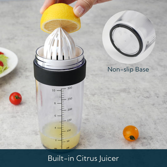 2 in 1 Salad Dressing Shaker Container with Juicer, Pour Spout, Leakproof, Dishwasher Safe, BPA Free, Travel Homemade Oil and Vinegar Salad Dressing Bottle Mixer Dispenser, 1-1/2 Cups